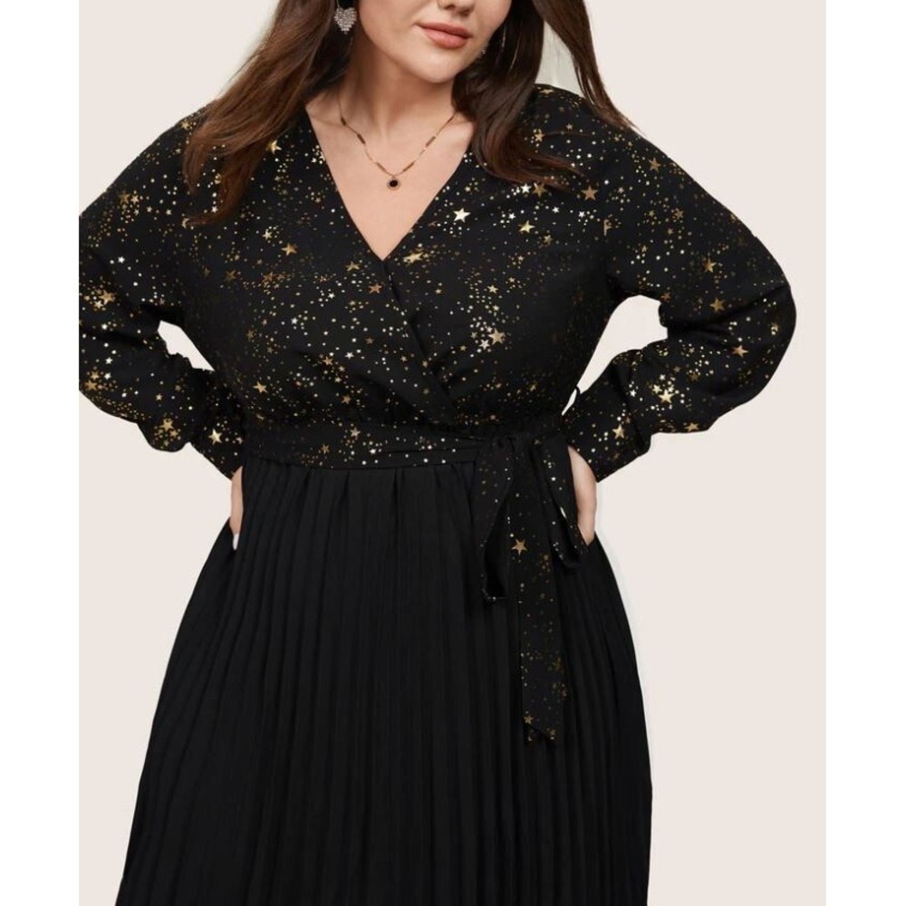 Bloomchic Gold Star Glitter Belted Pleated Faux Wrap BLACK Dress 14-16 Plus size